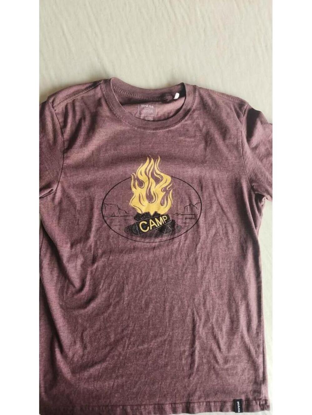 prAna Womans Small Graphic Tee with Campfire. Maroon/ Brown